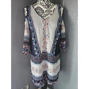 BNWT New Woman's Go Coco Short Dress Cold Shoulders Size Large Floral Layered